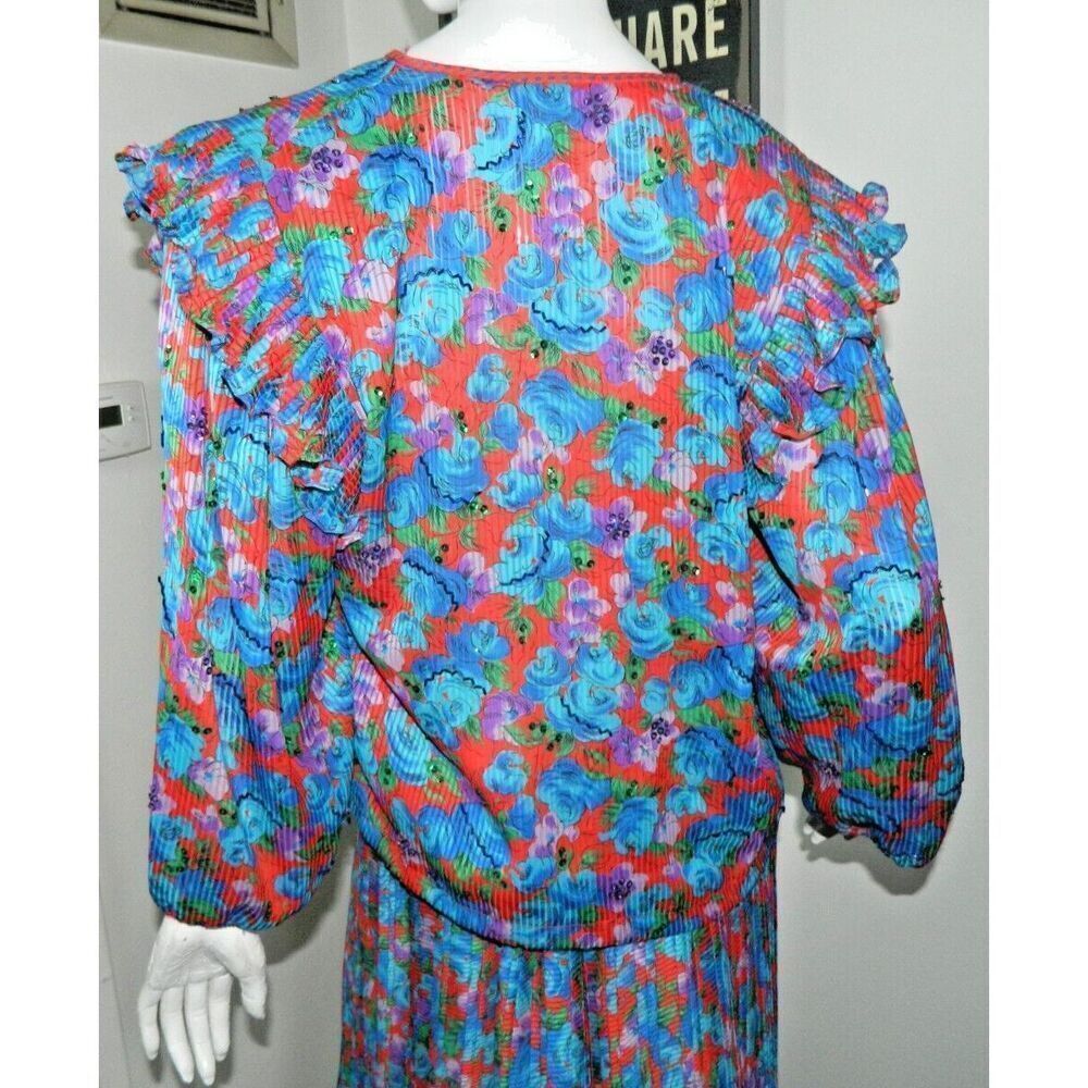 Vintage Diane Freis Skirt Set L/XL Blue  Purple Red Floral‎ Pleated Sequins 80's - Picture 7 of 13